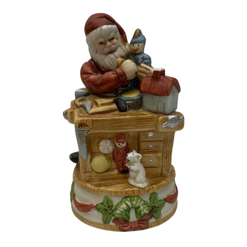 Vintage Homco Santa Music Box Porcelain Revolving Christmas Workshop 7.5"